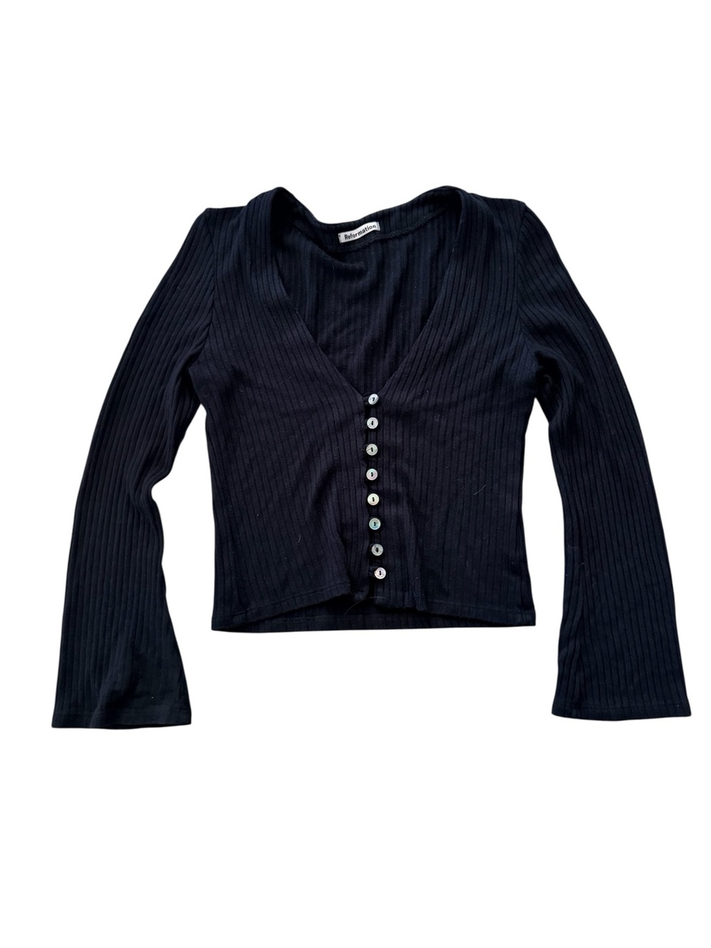 Reformation Black Ribbed V-Neck Button-Front Long Sleeve Top